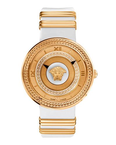 40mm V-metal Icon Bracelet Watch W/ Leather Strap, Golden/white