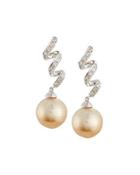 14k Golden South Sea Pearl Diamond Swirl Dangle Earrings