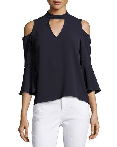 Cold-shoulder Bell-sleeve Blouse, Navy