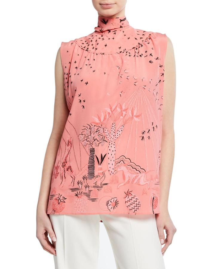 Printed Button-back Tie-neck