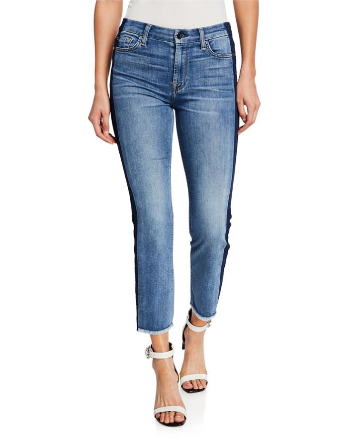Mid-rise Striped Frayed-hem Cropped Jeans