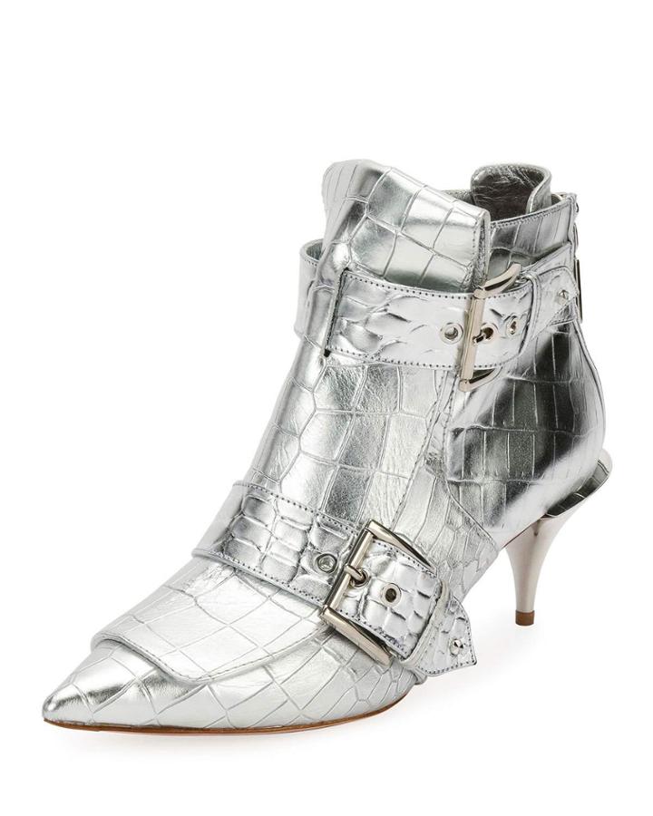 Crocodile-embossed Metallic Booties