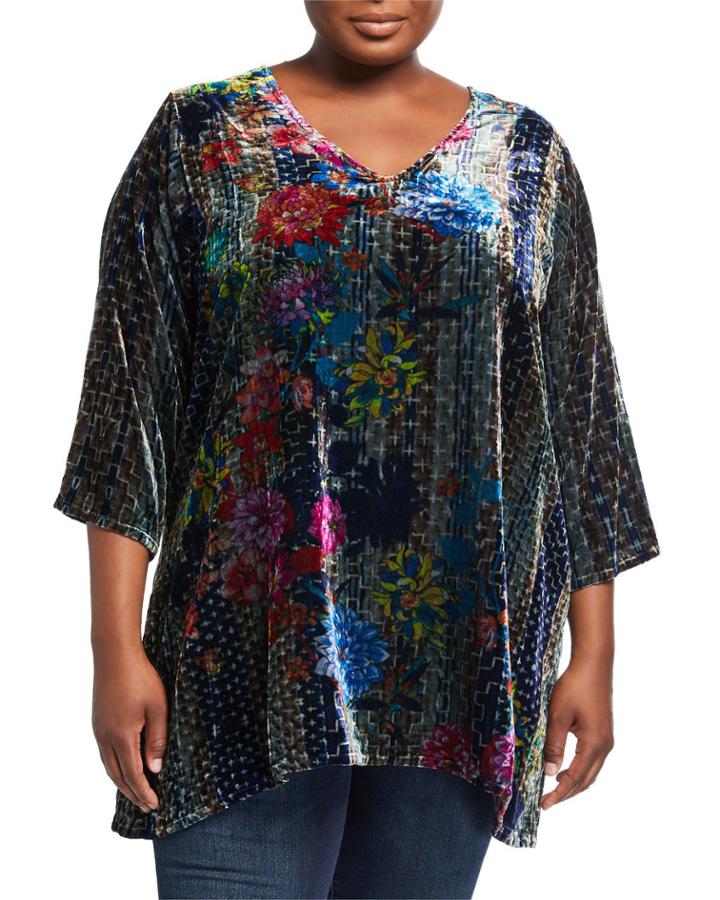 Plus Size Tappa Floral-print Velvet Tunic