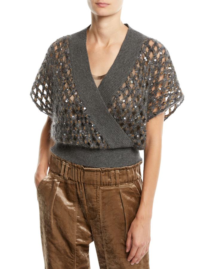 Mock-wrap Window Pane Paillette Pullover