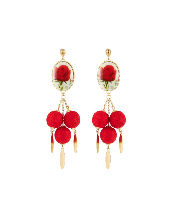 Red Rose Pompom Earrings