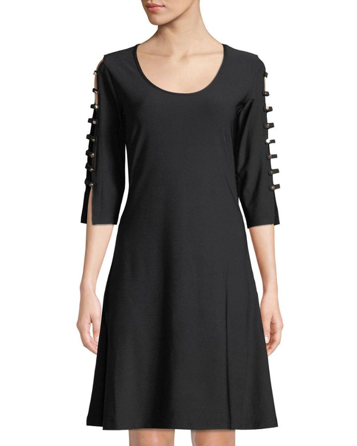 Buttoned 3/4-ladder Sleeve A-line Dress