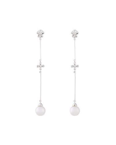 14k White Gold Flower Dangle Earrings W/ Pearls & Diamonds