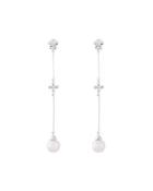 14k White Gold Flower Dangle Earrings W/ Pearls & Diamonds