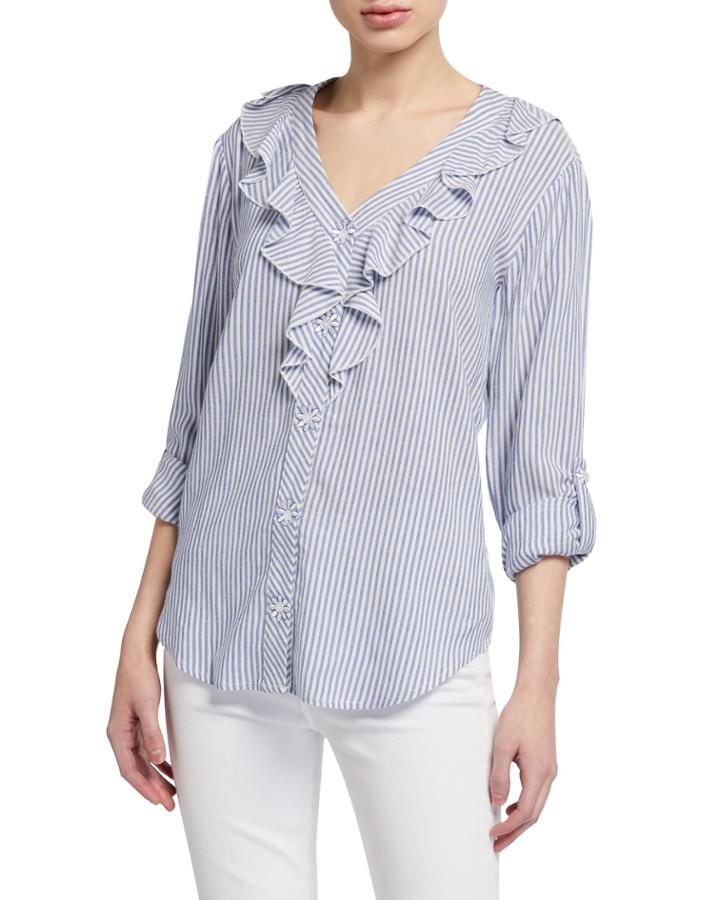 Stripe Ruffle Blouse W Daisy Embroidered Button Hole