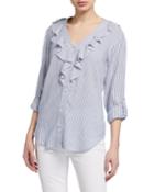 Stripe Ruffle Blouse W Daisy Embroidered Button Hole