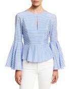 Luna Striped Bell-sleeve Peplum Blouse,