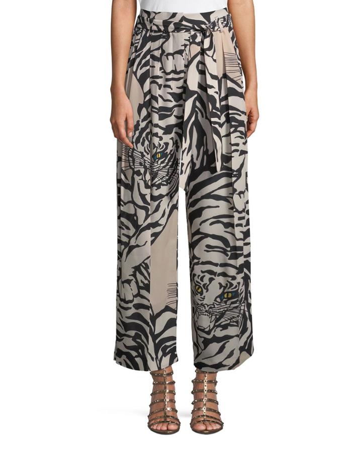 Tiger-print Silk Pull-on Pants