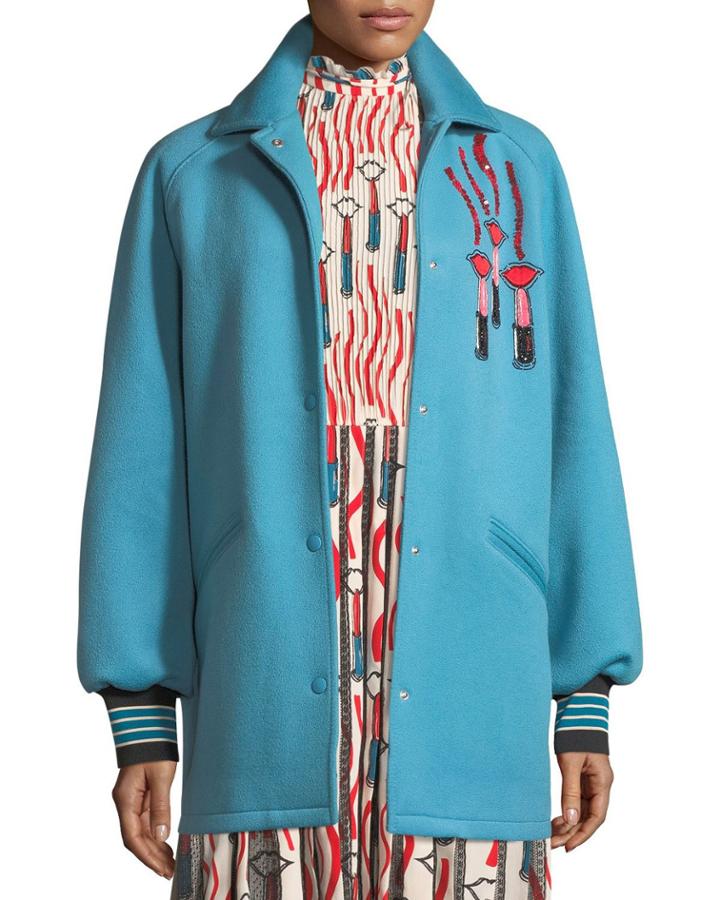 Snap-front Oversized Felted Wool With Lipstick Wave Embroidery