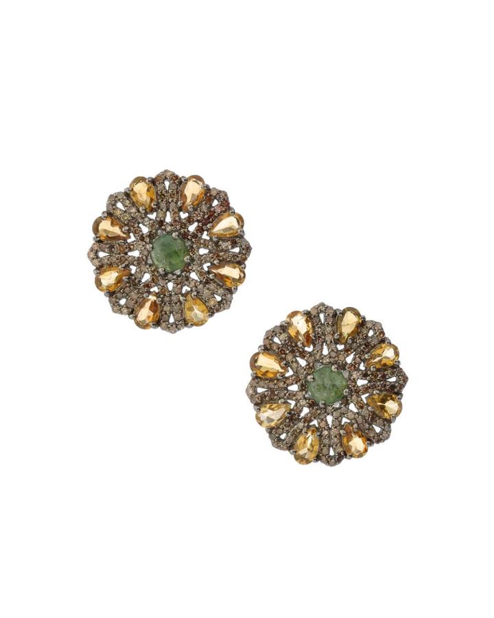 Black Silver Stud Earrings With Multicolor Tourmaline & Diamonds