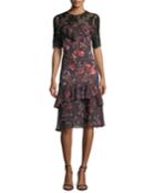Tiered Lace-yoke Floral-printed Midi Cocktail Dress
