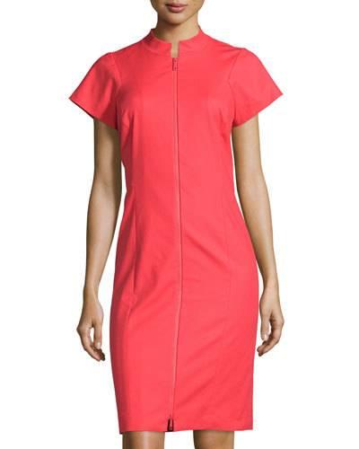 Brenda Zip-front Short-sleeve Sheath Dress, Tango Red