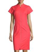 Brenda Zip-front Short-sleeve Sheath Dress, Tango Red