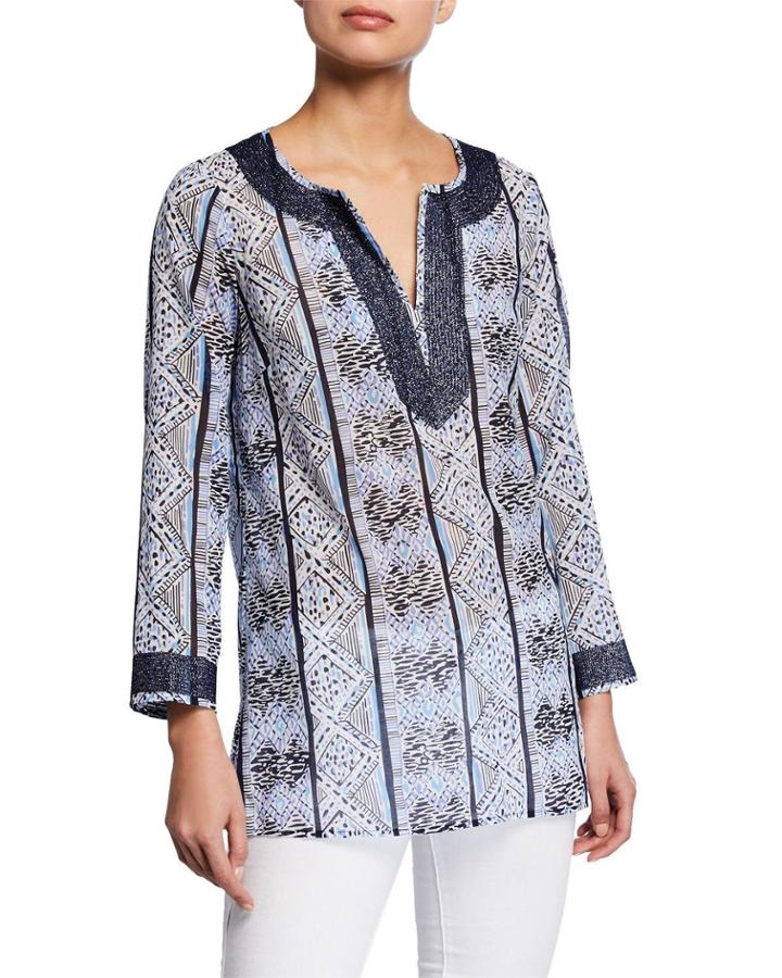 Contrast Trim Printed Tunic Top