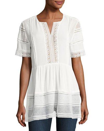 Lace-inset Peasant Blouse, White