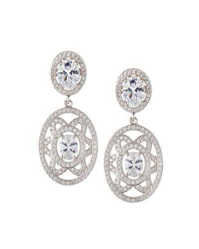 Elaborate Floral-motif Oval Cz Crystal Double-drop Earrings