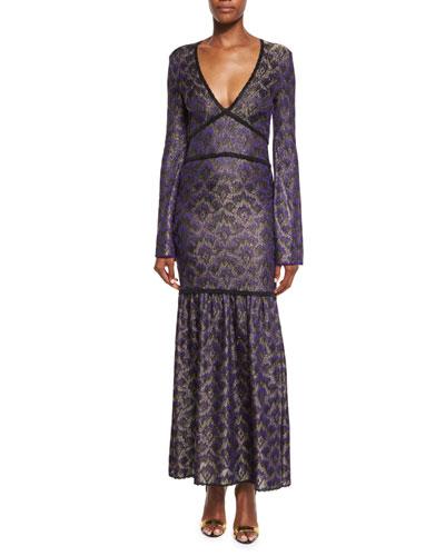 Metallic Jacquard Long-sleeve Gown, Purple
