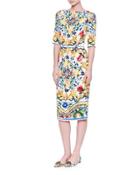 Half-sleeve Maiolica-print Sheath Dress, White/blue/yellow