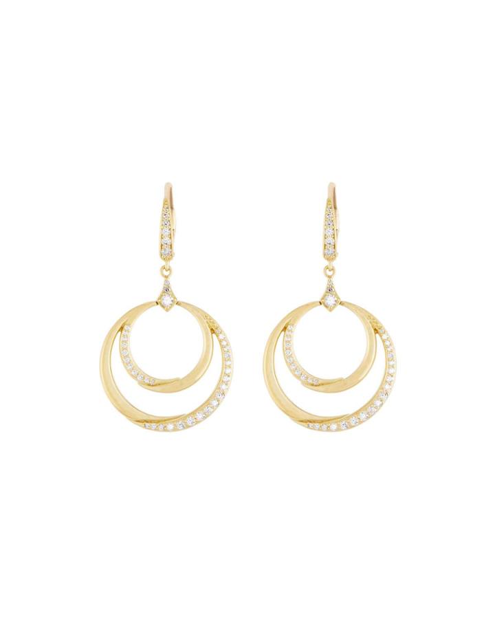 18k Gold Diamond Double Crescent Circle Drop Earrings