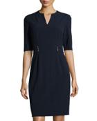 Studded-waist Half-sleeve Sheath Dress, Navy