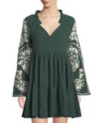 Embroidered-sleeve V-neck Peasant Dress, Green