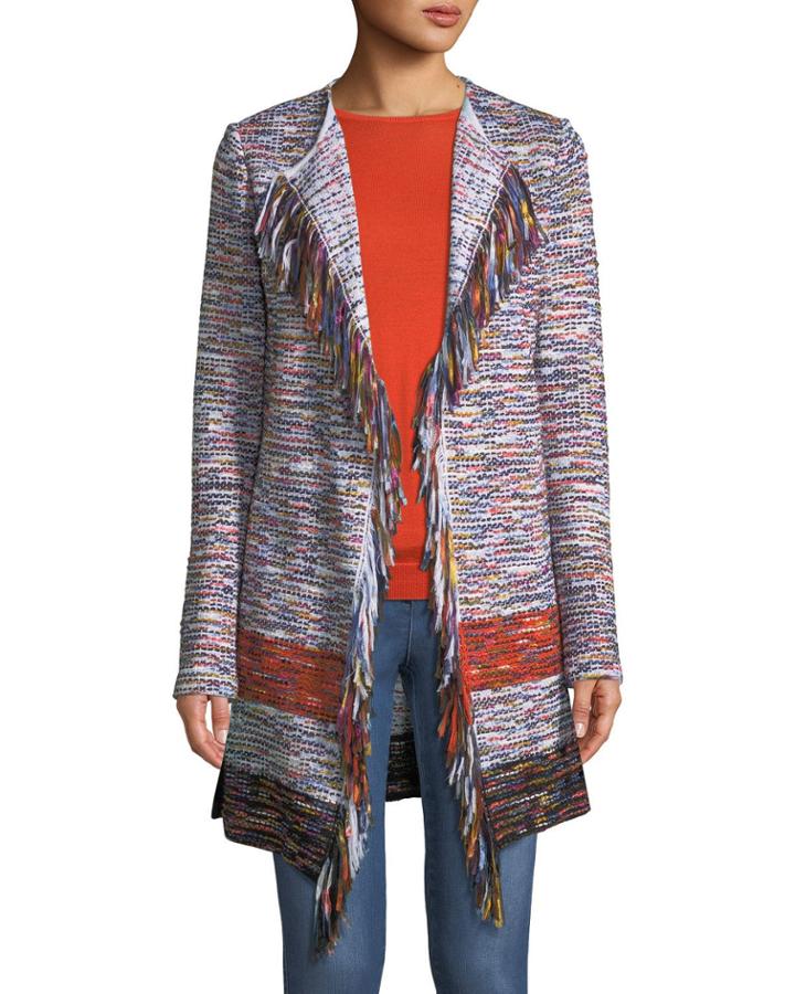 Multi-tweed Waterfall Cardigan W/ Fringe Trim