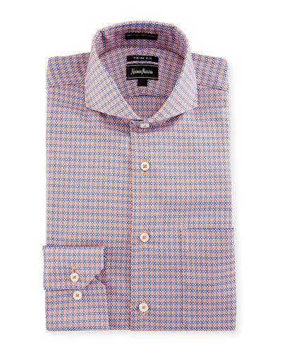 Trim-fit Dobby Check Dress Shirt, Orange/blue