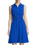 Sleeveless Chiffon Shirtdress, Cobalt