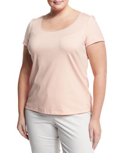 Scoop-neck Top With Beaded Trim, Coral,