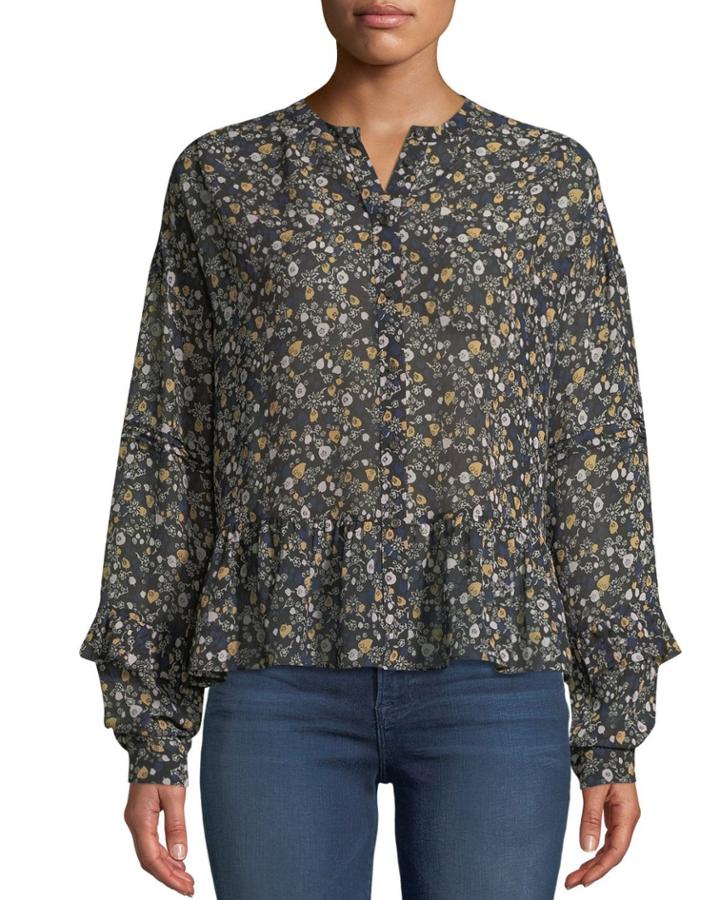 Ingrid Floral Button-front Silk Peplum Top