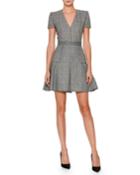V-neck Short-sleeve Mixed-plaid Dress