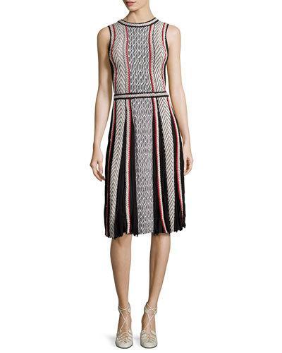 Sleeveless Tweed-print Day Dress, Black Pattern