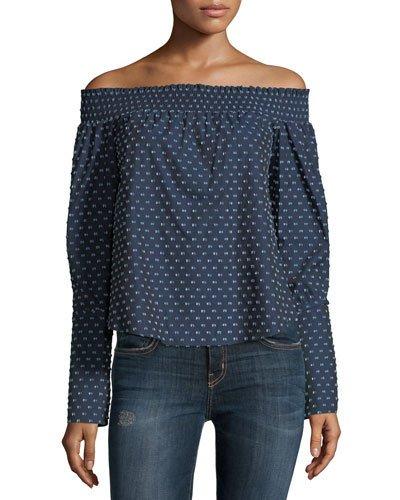 Off-the-shoulder Dot-print Blouse