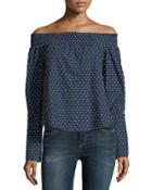 Off-the-shoulder Dot-print Blouse