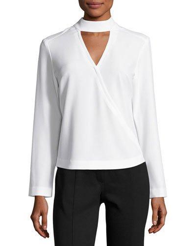 High-neck Crepe Wrap Blouse, Ivory