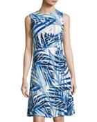 Side-ruched Palm-print Dress, Blue