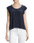 Crystal-trim Cap-sleeve Blouse, Navy