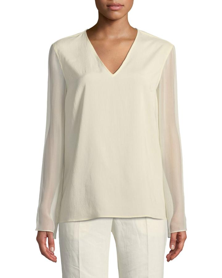 V-neck Sheer-sleeve Blouse