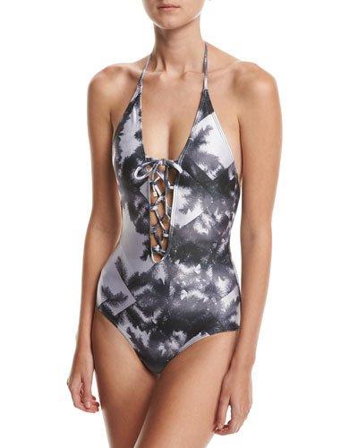 Drifter Paisley Lace-up One-piece Swimsuit, Indigo