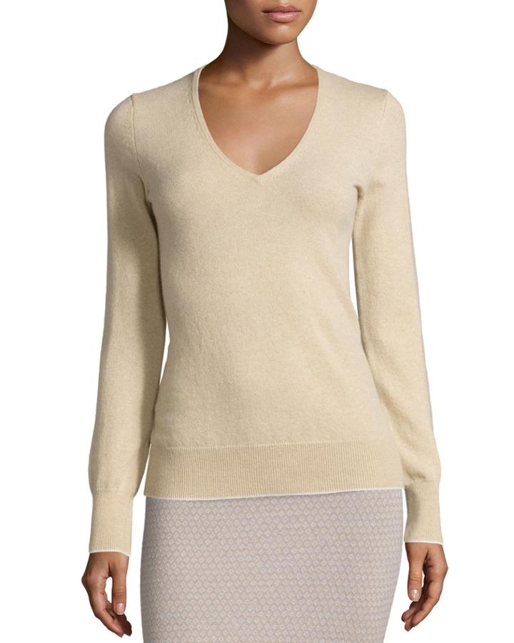 Todd And Duncan Cashmere V-neck Sweater, Oatmeal, Women's,