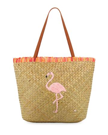 Flamingo Raffia Fringed Tote Bag