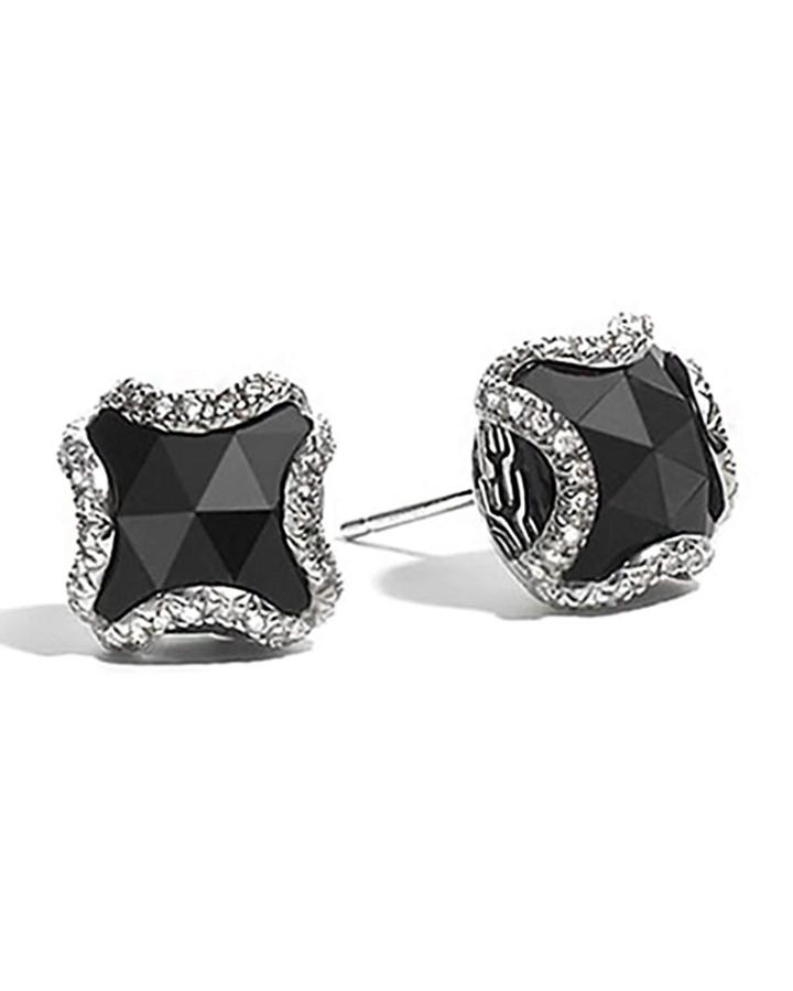 Classic Chain Square Stud Earrings W/ Black Chalcedony & Diamonds