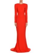 High-neck Long-sleeve Open-back Evening Gown