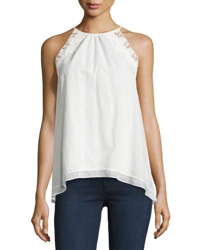 Sleeveless Lace-trim Cotton Blouse, White