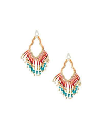 Multihued Beaded Fringe Drop Earrings, Red