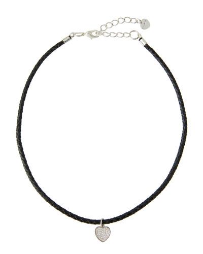 Braided Leather Choker W/ Pave Heart Charm